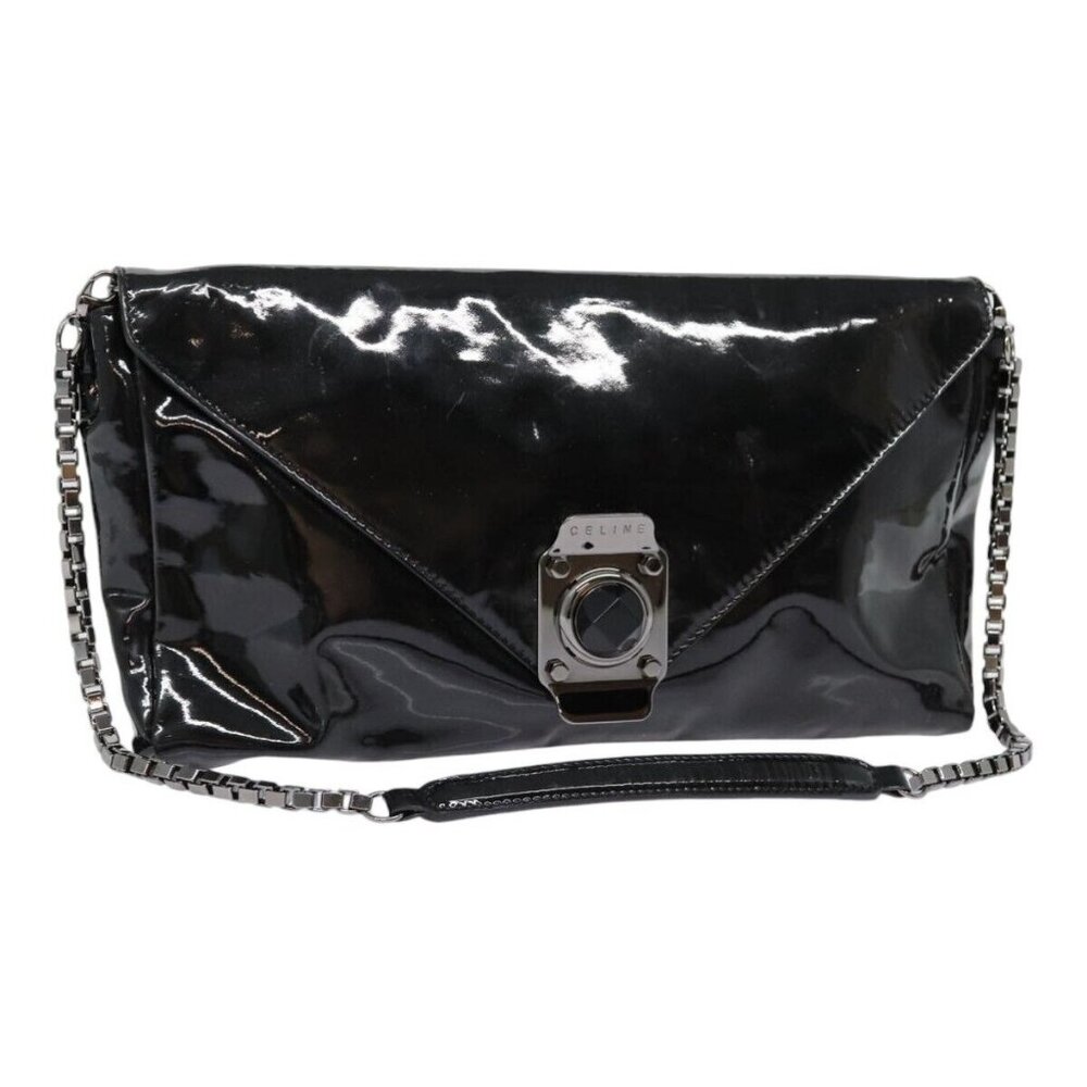 CELINE Chain Shoulder Bag Enamel Black Silver Auth - Picture 3 of 15